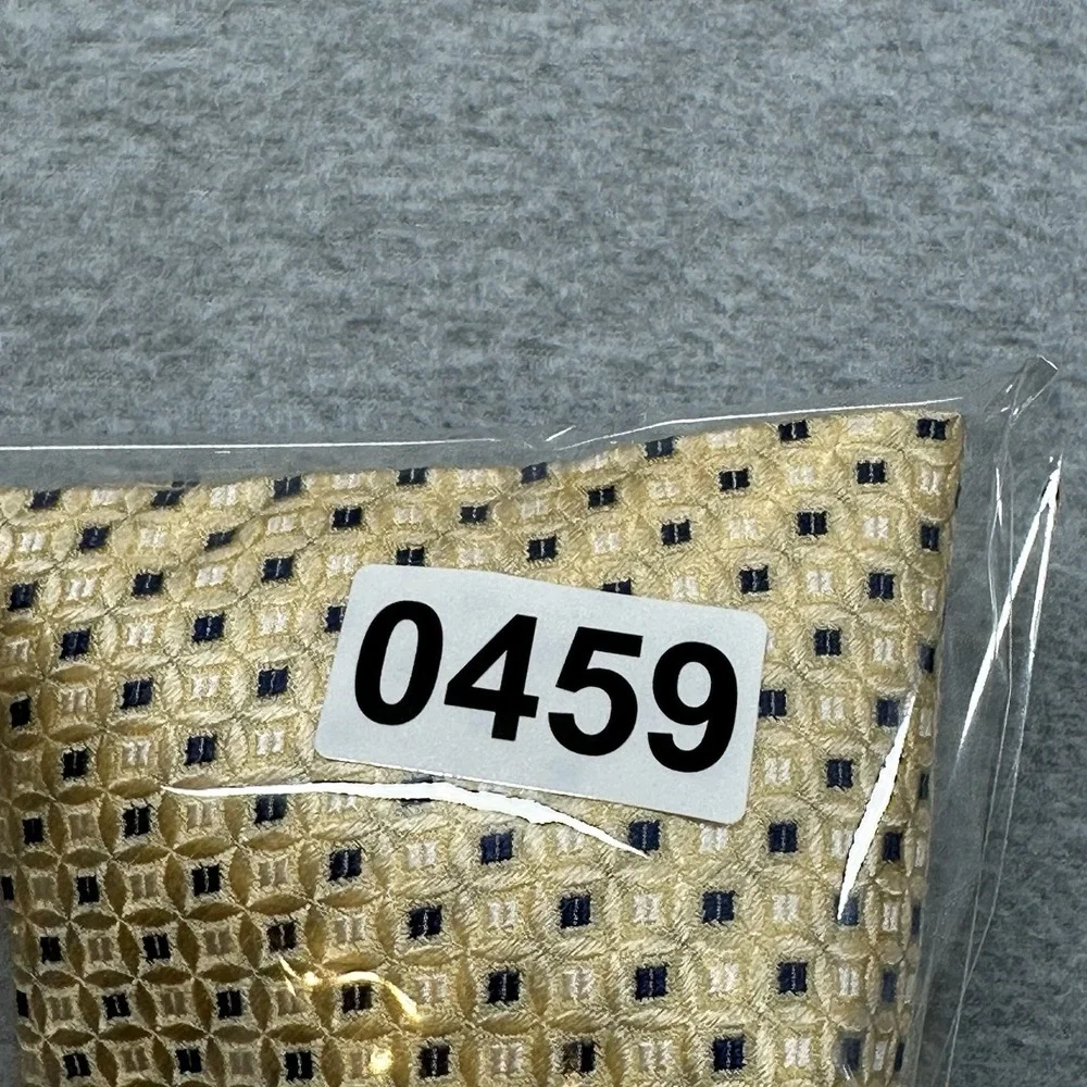 VTG Tommy Hilfiger Necktie Yellow Blue Geometric Navy Stripe Tail 100% Silk NOTE